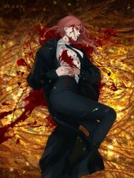 Rule 34 | 1girl, artist name, black coat, black necktie, blood, blood on clothes, blood on face, chain, chainsaw man, coat, collared shirt, formal, glint, highres, m alexa, makima (chainsaw man), medium hair, necktie, pool of blood, red hair, ringed eyes, shirt, shirt tucked in, sidelocks, solo, suit, white shirt, yellow eyes