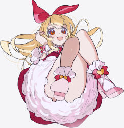 Rule 34 | 1girl, aikatsu! (series), bare legs, blonde hair, bow, commentary request, dress, floating hair, from below, full body, hair bow, heart, hoshimiya ichigo, long hair, looking at viewer, open mouth, partial commentary, petticoat, pink dress, pink footwear, pink skirt, puffy short sleeves, puffy sleeves, red bow, red eyes, shoe soles, short sleeves, simple background, skirt, smile, solo, upskirt, white background, yamamura saki