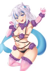 Rule 34 | 1girl, absurdres, animal ear fluff, animal ears, armpits, arsleid, blue eyes, blush, breasts, cosplay, fang, fate/grand order, fate (series), fins, fish tail, fur-trimmed gloves, fur-trimmed legwear, fur trim, gawr gura, gloves, hair ornament, highres, hololive, hololive english, holomyth, lace trim, lingerie, looking at viewer, mash kyrielight, mash kyrielight (dangerous beast), mash kyrielight (dangerous beast) (cosplay), medium hair, multicolored hair, revealing clothes, shark girl, shark tail, simple background, small breasts, smile, solo, tail, thighhighs, underwear, virtual youtuber, white background