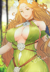 Rule 34 | 1girl, absurdres, armband, arms at sides, artist name, bare shoulders, blurry, blurry background, breasts, center opening, closed mouth, collarbone, covered erect nipples, day, dress, feather hair ornament, feathers, final fantasy, final fantasy xiv, green dress, green eyes, hair ornament, highres, huge breasts, light smile, lips, long hair, looking at viewer, nophica, oliver (oliverclassict), orange hair, outdoors, sleeveless, sleeveless dress, solo, tattoo, upper body, very long hair