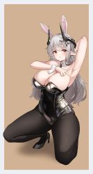 Rule 34 | 1girl, absurdres, animal ears, arknights, arm up, armpits, black footwear, black leotard, black necktie, black pantyhose, blush, border, breasts, brown background, cleavage, closed mouth, coke0502, detached collar, earrings, fake animal ears, full body, grey hair, high heels, highres, horns, jewelry, kneeling, large breasts, leotard, long hair, looking at viewer, mudrock (arknights), necktie, on one knee, pantyhose, playboy bunny, pointy ears, rabbit ears, red eyes, simple background, solo, spread armpit, strapless, strapless leotard, very long hair, white border