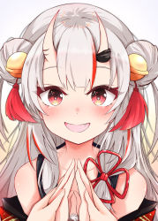 Rule 34 | 1girl, bare shoulders, bell, blush, collarbone, double bun, fang, fumi (fumibeing), hair bun, hair ornament, highres, holding hands, hololive, horn ornament, horns, japanese clothes, jingle bell, kimono, long hair, looking at viewer, multicolored hair, nakiri ayame, nakiri ayame (1st costume), off shoulder, oni, open mouth, red eyes, red hair, silver hair, simple background, skin-covered horns, smile, solo, streaked hair, virtual youtuber