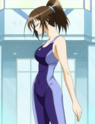 Rule 34 | breasts, brown hair, competition swimsuit, highres, kikaijima mogana, medaka box, one-piece swimsuit, ponytail, skin tight, swimsuit