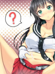Rule 34 | 10s, 1girl, ?, agano (kancolle), belly, belly grab, black hair, blush, breasts, gin&#039;ichi (akacia), gloves, green eyes, highres, kantai collection, large breasts, long hair, midriff, miniskirt, navel, necktie, personification, pinching, plump, school uniform, serafuku, skirt, solo, spoken question mark, white gloves