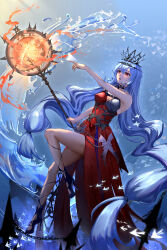 1girl absurdres arknights bare_shoulders breasts crown dress full_body gloves grey_hair hair_between_eyes hair_ornament highres holding holding_staff long_hair low-tied_long_hair official_alternate_costume parted_lips reaching red_dress red_eyes skadi_(arknights) skadi_the_corrupting_heart_(arknights) skadi_the_corrupting_heart_(red_countess)_(arknights) sleeveless sleeveless_dress staff strap underwater very_long_hair wuzoto