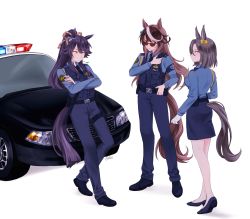 Rule 34 | 3girls, air groove (umamusume), alternate costume, animal ears, bandaid, bandaid on face, bandaid on nose, baton (weapon), belt, black hair, black necktie, blue pants, blue shirt, car, closed mouth, clothing cutout, collared shirt, crossed arms, high heels, highres, holster, horse ears, horse girl, horse tail, korean commentary, loafers, long hair, long sleeves, motor vehicle, mouth hold, multicolored hair, multiple girls, narita brian (umamusume), necktie, open mouth, pants, pencil skirt, police, police car, police uniform, policewoman, pony (animal), pouch, red eyes, rio (rio 067), shirt, shoes, skirt, stalk in mouth, standing, streaked hair, sunglasses, symboli rudolf (umamusume), tail, tail through clothes, thigh holster, twitter username, umamusume, uniform, vest, walkie-talkie, weapon, white background, yellow eyes