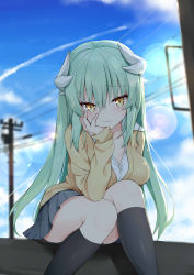 Rule 34 | 1girl, absurdres, arm up, breasts, closed mouth, cowboy shot, day, fate/grand order, fate (series), green hair, highres, horns, kamu (geeenius), kiyohime (fate), kneehighs, large breasts, lens flare, long hair, long sleeves, looking at viewer, outdoors, sidelocks, sitting, skirt, smile, socks, solo, white horns, yellow eyes