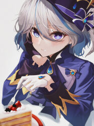 Rule 34 | 1girl, absurdres, ascot, asymmetrical gloves, black gloves, blue ascot, blue brooch, blue eyes, blue hair, blue hat, blue jacket, blush, cake, food, fork, furina (genshin impact), genshin impact, gloves, grey background, grey hair, hand on own cheek, hand on own face, hat, heterochromia, highres, holding, holding fork, jacket, left-handed, light blue hair, mismatched gloves, multicolored hair, plate, seehyun1031, shadow, simple background, solo, streaked hair, top hat, two-tone hair, upper body, white gloves