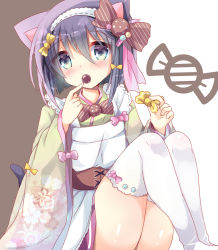 Rule 34 | 1girl, animal ears, apron, black hair, blush, brown background, candy wrapper, cat ears, cat girl, cat tail, commentary request, covered mouth, feet out of frame, green eyes, green kimono, hair between eyes, hair ornament, hairband, holding, japanese clothes, kimono, knees up, kuriyuzu kuryuu, long sleeves, looking at viewer, maid, maid apron, original, purple skirt, sitting, skirt, solo, tail, thighhighs, two-tone background, valentine, wa maid, white apron, white background, white hairband, white thighhighs, wide sleeves