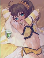 Rule 34 | 1girl, ahoge, aqua eyes, arm behind head, armpits, arms up, bed sheet, blush, brown hair, commentary request, cowboy shot, dolphin shorts, frills, from above, hair ornament, hair scrunchie, highres, hololive, jacket, long hair, long sleeves, looking at viewer, lying, milk, natsuiro matsuri, natsuiro matsuri (matsuri&#039;s day off), navel, on back, on bed, open clothes, open jacket, sankyaku tako, scrunchie, shorts, side ponytail, sleeves past wrists, solo, stomach, strap lift, striped clothes, striped jacket, suggestive fluid, virtual youtuber, wet, yellow shorts