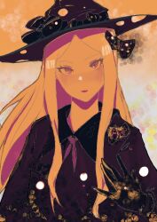 Rule 34 | 1girl, abigail williams (fate), alternate costume, black bow, black dress, black gloves, black hat, blonde hair, blush, bow, colored skin, dress, fate/grand order, fate (series), forehead, gloves, hair bow, hat, hat bow, long hair, long sleeves, looking at viewer, multicolored background, orange skin, parted bangs, parted lips, red eyes, smile, solo, upper body, witch hat, zilia