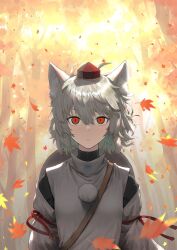 Rule 34 | 1girl, autumn leaves, detached sleeves, expressionless, falling leaves, harapan-kun, hat, highres, inubashiri momiji, leaf, looking at viewer, pom pom (clothes), red eyes, red hat, shirt, short hair, solo, touhou, white hair, white shirt, white sleeves