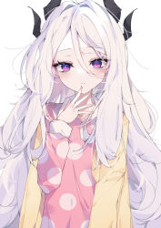 Rule 34 | 1girl, absurdres, ahoge, bags under eyes, blue archive, cardigan, collarbone, demon horns, hair between eyes, hand to own mouth, highres, hina (blue archive), hina (pajamas) (blue archive), horns, light purple hair, long hair, looking at viewer, multiple horns, pajamas, pink pajamas, polka dot, polka dot pajamas, purple eyes, shigureszku, simple background, solo, upper body, very long hair, white background, yellow cardigan