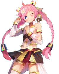 Rule 34 | artist request, bare shoulders, blue eyes, blush, braid, chibi on shoulder, closed mouth, cowboy shot, crossover, glint, gold trim, long hair, looking at viewer, one eye closed, pink hair, rana (vocaloid), red shorts, shorts, smile, solo focus, standing, third-party source, twin braids, very long hair, vocaloid