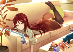 Rule 34 | 1girl, artist name, artist request, black pantyhose, blush, breasts, brown eyes, brown skirt, cat, couch, female focus, full body, hair between eyes, hair over shoulder, highres, indoors, light brown sweater, long hair, long sleeves, looking at viewer, love live!, love live! sunshine!!, magazine (object), miniskirt, on couch, pantyhose, parted lips, pillow, plaid, plaid skirt, pleated, pleated skirt, red hair, sakurauchi riko, skirt, smile, solo, yellow eyes