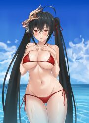 Rule 34 | 1girl, :p, absurdly long hair, absurdres, ahoge, azur lane, bikini, black hair, blue sky, blush, breasts, cleavage, cloud, collarbone, cowboy shot, crossed bangs, day, groin, hair between eyes, hair ornament, hair ribbon, hands on own chest, highres, large breasts, long hair, mask, mask on head, navel, outdoors, red bikini, red eyes, ribbon, side-tie bikini bottom, sky, solo, stomach, swimsuit, taihou (azur lane), thigh gap, thighs, tongue, tongue out, twintails, very long hair, vodka13, wet
