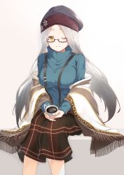 Rule 34 | 1girl, absurdres, azur lane, beanie, breasts, casual, closed mouth, coffee, cup, glasses, grey hair, hair ornament, hat, highres, karla (kimidori3), large breasts, long hair, looking at viewer, mug, one eye closed, semi-rimless eyewear, shangri-la (azur lane), shangri-la (utopia&#039;s collector) (azur lane), shawl, simple background, smile, snowflake hair ornament, solo, sweater, turtleneck, turtleneck sweater, white background, yellow eyes