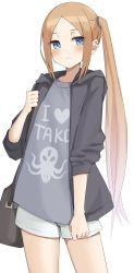 Rule 34 | 1girl, :&lt;, abigail williams (fate), absurdres, bag, black hoodie, black jacket, blonde hair, blue eyes, blue shirt, blush, breasts, fate/grand order, fate (series), forehead, grey shirt, hair ornament, handbag, highres, hood, hoodie, jacket, kopaka (karda nui), long hair, long sleeves, looking at viewer, looking to the side, open clothes, open jacket, parted bangs, ponytail, shirt, shorts, side ponytail, sidelocks, simple background, solo, standing, thighs, white background, white shorts