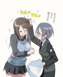 Rule 34 | black jacket, black neckwear, black skirt, blue headwear, blue jacket, blue skirt, brown hair, closed eyes, commentary, crossed arms, dress shirt, emblem, from side, frown, girls und panzer, glasses, grabbing another&#039;s hair, grey hair, hana-kagume, hand in another&#039;s hair, hat, jacket, keizoku military uniform, laughing, long hair, long sleeves, looking at another, military, military uniform, miniskirt, motion lines, necktie, open mouth, pencil skirt, pleated skirt, raglan sleeves, round eyewear, rumi (girls und panzer), school connection, selection university (emblem), selection university military uniform, shirt, short hair, simple background, skirt, smile, standing, swept bangs, track jacket, translated, uniform, unworn hat, unworn headwear, white background, white shirt