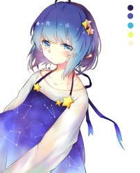 Rule 34 | 1girl, 277114602, absurdres, ahoge, bare shoulders, blue eyes, blue hair, blush, closed mouth, collarbone, commentary request, constellation, constellation costume, dress, eyebrows hidden by hair, frown, hair ornament, highres, long sleeves, looking at viewer, multicolored clothes, multicolored dress, original, pointy ears, short hair, simple background, solo, star (symbol), star hair ornament, star in eye, symbol in eye, translation request, upper body, white background, wide sleeves