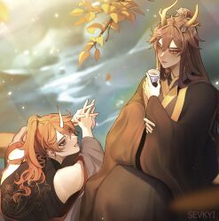Rule 34 | 2boys, absurdres, antlers, artist name, bare shoulders, black kimono, black shirt, blue eyes, branch, couple, cup, detached sleeves, eye contact, genshin impact, gold trim, hair bun, hair ornament, hand up, highres, holding, holding cup, horns, japanese clothes, kimono, leaf, leaning forward, long hair, looking at another, male focus, multiple boys, orange hair, outdoors, parted lips, ponytail, sevkyi, shirt, single horn, sitting, sleeveless, sleeveless shirt, straight hair, tartaglia (genshin impact), tea, tree, water, wide sleeves, yaoi, yellow eyes, yunomi, zhongli (genshin impact)