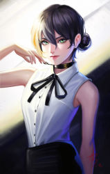 Rule 34 | 1girl, arm at side, bare arms, bare shoulders, black background, black choker, black hair, black ribbon, black skirt, chainsaw man, choker, closed mouth, dress shirt, eyelashes, green eyes, hair between eyes, hair bun, hand up, highres, lips, looking at viewer, neck ribbon, pulling, reze (chainsaw man), ribbon, shirt, single hair bun, skirt, sleeveless, smile, solo, two-tone background, upper body, white background, white shirt, xyzdefuse