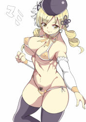 10s 1girl bikini black_thighhighs blonde_hair breasts cameltoe covered_erect_nipples drill_hair female_focus female_pubic_hair hat large_breasts looking_at_viewer mahou_shoujo_madoka_magica mahou_shoujo_madoka_magica_(anime) pubic_hair short_hair simple_background solo swimsuit tennen0201 thighhighs tomoe_mami tomoe_mami_(magical_girl) twin_drills white_background yellow_bikini yellow_eyes