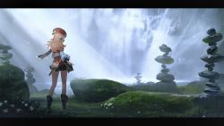 Rule 34 | 1girl, anna (drw01), antlers, blonde hair, commission, crop top, detached sleeves, facing away, from behind, genshin impact, highres, horns, letterboxed, long hair, midriff, outdoors, pixiv commission, red headwear, solo, water, waterfall, wide shot, yanfei (genshin impact)