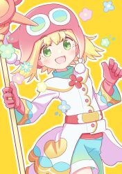 Rule 34 | 1girl, amitie (puyopuyo), beanie, blonde hair, blue shorts, border, coat, gloves, green eyes, hat, highres, holding, holding staff, jazz grace, long sleeves, looking at viewer, open mouth, puyopuyo, puyopuyo fever, red amitie, red gloves, red hat, short hair, shorts, solo, staff, white border, white coat