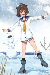 Rule 34 | 1girl, blue sailor collar, blue sky, brown eyes, brown hair, cloud, day, dress, eighth note, headgear, highres, kantai collection, katsuobushi (eba games), long sleeves, looking at viewer, musical note, neckerchief, open mouth, outdoors, round teeth, rudder footwear, sailor collar, sailor dress, short hair, sky, smile, snowman, solo, teeth, upper teeth only, yellow neckerchief, yukikaze (kancolle)