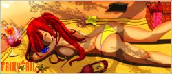 Rule 34 | 1girl, alcohol, ass, beach, bikini, breasts, carpet, erza scarlet, closed eyes, fairy tail, flower, highres, huge ass, large breasts, legs, red hair, sand, sideboob, smile, solo, starfish, sunbathing, swimsuit, tattoo, topfreedom, topless, wine