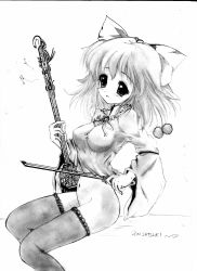 Rule 34 | 1girl, absurdres, ass, bad deviantart id, bad id, bottomless, bow (music), breasts, embodiment of scarlet devil, erhu, female focus, greyscale, highres, instrument, monochrome, omnidevil, satsuki rin, solo, thighhighs, touhou, traditional media