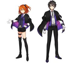 Rule 34 | 1boy, 1girl, alternate costume, black hair, blue eyes, bolo tie, cape, capelet, fate/grand order, fate (series), fujimaru ritsuka (female), fujimaru ritsuka (male), full body, gloves, hair intakes, hand on own hip, looking at viewer, necktie, official style, one side up, orange hair, purple necktie, scrunchie, shorts, smile, standing, thigh strap, transparent background, uniform, uraha, white gloves, yellow eyes