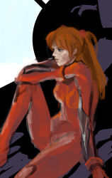 Rule 34 | 1girl, blue eyes, bodysuit, breasts, cockpit, from side, hair ornament, interface headset, leg up, lia marin, long hair, long legs, medium breasts, neon genesis evangelion, nose, orange hair, outdoors, plugsuit, profile, red bodysuit, sitting, skin tight, solo, soryu asuka langley, souryuu asuka langley, speedpaint, two side up, unfinished