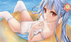 Rule 34 | 1girl, absurdres, bare shoulders, blue hair, blunt bangs, breasts, covered erect nipples, eyelashes, finger in own mouth, finger to mouth, flower, hair flower, hair ornament, highres, innertube, looking at viewer, medium breasts, mikawa sansen, one-piece swimsuit, original, red eyes, school swimsuit, solo, strap slip, swim ring, swimsuit, thighhighs, twintails, water, white one-piece swimsuit, white school swimsuit, white thighhighs