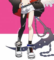 Rule 34 | 1girl, black jacket, black legwear, blue jacket, blue nails, chain, fingernails, hand on own hip, heart, holding, holding scythe, holding weapon, jacket, nail polish, navel, original, puffy sleeves, scythe, shoes, simple background, single wing, sneakers, solo, standing, torn clothes, torn legwear, torn wings, twitter username, type-alpha, weapon, white footwear, wings