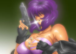 Rule 34 | 1girl, bare shoulders, between breasts, breasts, bullet, cleavage, fingerless gloves, ghost (mausuman34), ghost in the shell, ghost in the shell stand alone complex, gloves, gradient background, green background, gun, handgun, kusanagi motoko, large breasts, mouth hold, pistol, purple hair, red eyes, solo, sparkle, weapon, white background