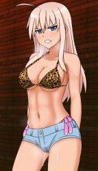Rule 34 | 1girl, abs, angry, animal print, bikini, blonde hair, blue eyes, blush, breasts, clenched teeth, condom, condom belt, groin, hachimitsu-b, hanna-justina marseille, large breasts, leopard print, navel, short shorts, shorts, solo, strike witches, swimsuit, teeth, toned, used condom, world witches series