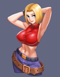 Rule 34 | 1girl, armpits, arms behind head, bare shoulders, belt, belt buckle, blonde hair, blue eyes, blue mary, bob cut, boongari, breasts, buckle, closed mouth, contrapposto, covered collarbone, cowboy shot, crop top, cropped legs, denim, fatal fury, forehead, gloves, hair intakes, hands up, impossible clothes, impossible shirt, linea alba, lips, looking at viewer, medium breasts, midriff, multiple belts, muscular, muscular female, navel, nose, off-shoulder shirt, off shoulder, pants, parted hair, shirt, short hair, sideboob, sideways glance, simple background, narrow waist, smile, solo, taut clothes, taut shirt, the king of fighters, tsurime, turtleneck