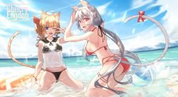 Rule 34 | 2girls, :d, absurdres, ahoge, animal ears, ass, back, ball, bare arms, bare shoulders, beachball, bikini, bikini under clothes, black bikini, black ribbon, black sailor collar, blonde hair, blouse, blue sky, blurry, blurry background, bow, breasts, cat ears, cat tail, character request, cloud, cloudy sky, day, depth of field, dungeon and fighter, flower, grey hair, hair bow, hair flower, hair ornament, hair ribbon, halterneck, hands up, highres, huge filesize, innertube, kneeling, large breasts, legband, litra (ltr0312), long hair, looking at viewer, looking back, low twintails, multiple girls, ocean, one eye closed, open mouth, outdoors, red bikini, red bow, red eyes, ribbon, sailor collar, school uniform, see-through, serafuku, shirt, signature, sitting, skindentation, sky, smile, sparkle, swim ring, swimsuit, tail, tail bow, tail ornament, thigh strap, twintails, v, v over eye, very long hair, wet, wet clothes, white shirt, wristband