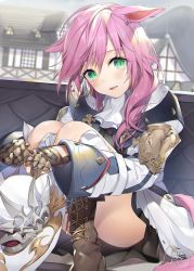 Rule 34 | 1girl, animal ears, warrior of light (ff14), blush, boots, breasts, final fantasy, final fantasy xiv, green eyes, highres, laces, long sleeves, looking at viewer, mechanical arms, open mouth, pink hair, single mechanical arm, small breasts, solo, yana mori