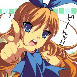 Rule 34 | 1girl, :o, blonde hair, blue eyes, bow, calamity jane, detached sleeves, dress, drill hair, enoo, hair ribbon, hairband, jaggy lines, long hair, looking at viewer, lowres, oekaki, open mouth, orange dress, pointing, pointing at viewer, ribbon, round teeth, sidelocks, solo, teeth, upper body, wild arms, wild arms 1