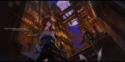 Rule 34 | 1boy, 2girls, armor, artist name, black hair, black legwear, blue jacket, blue sky, building, cityscape, commentary request, dark, dress, fantasy, floating hair, from below, full moon, gauntlets, highres, holding, horns, jacket, letterboxed, long hair, looking at viewer, moon, multiple girls, night, off shoulder, outdoors, pixiv fantasia, pixiv fantasia last saga, purple eyes, sky, standing, swd3e2, thighhighs, white dress, white hair