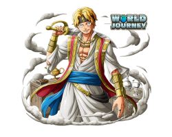 Rule 34 | 1boy, arabian clothes, blonde hair, blue sash, chalice, cup, english text, headband, holding, holding sword, holding weapon, looking at viewer, official art, oil lamp, one piece, one piece treasure cruise, over shoulder, sabo (one piece), sash, scimitar, short hair, smoke, solo, sword, sword over shoulder, transparent background, vambraces, weapon, weapon over shoulder