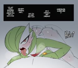 Rule 34 | 1boy, 1girl, afterimage, blush, bob cut, breath, colored skin, creatures (company), dark, english text, flat chest, flat color, game freak, gardevoir, gen 3 pokemon, girl on top, green hair, green skin, grey background, hair over one eye, half-closed eyes, hetero, highres, interspecies, jewelry, looking at viewer, motion lines, multicolored skin, nintendo, one eye covered, open mouth, pokemon, pokemon (creature), pov, red eyes, ring, saltyxodium, sex, short hair, simple background, sketch, solo focus, sweat, talking, teeth, tongue, tongue out, top-down bottom-up, two-tone skin, wedding band, white skin