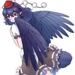 Rule 34 | 1girl, bird tail, bird wings, black hair, black skirt, black wings, channel ikihaji, closed mouth, commentary request, feathered wings, frilled skirt, frilled sleeves, frills, happy, hat, medium hair, pointy ears, pom pom (clothes), puffy short sleeves, puffy sleeves, red eyes, red hat, ribbon-trimmed skirt, ribbon trim, shameimaru aya, shirt, short sleeves, simple background, skirt, smile, solo, tail, tokin hat, touhou, white background, white shirt, wings