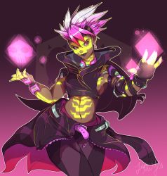 Rule 34 | 1girl, alternate costume, alternate hairstyle, belt, clothes around waist, facial tattoo, highres, jessica (kittenpawprints), looking back, los muertos sombra, midriff, mohawk, navel, overwatch, overwatch 1, pink hair, smile, solo, sombra (overwatch), spiked hair, tattoo