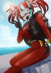 Rule 34 | 1girl, animal ears, black hair, bodysuit, cloud, commentary request, commission, diving mask, diving suit, goggles, hair between eyes, hakos baelz, hololive, hololive english, mouse ears, multicolored hair, ocean, one eye closed, pukonuu, red hair, scuba gear, scuba tank, skeb commission, sky, snorkel, snorkel in mouth, sun, virtual youtuber, water, wetsuit, white hair