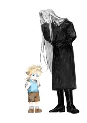 Rule 34 | 2boys, age difference, aged down, backpack, bag, black coat, black footwear, black shirt, blonde hair, blue eyes, blue sweater vest, boots, brown bag, brown footwear, brown shorts, cloud strife, coat, collared shirt, expressionless, final fantasy, final fantasy vii, full body, green eyes, grey hair, grey socks, hands in pockets, hands up, height difference, highres, knee boots, leaning forward, long coat, long hair, looking at another, looking down, low ponytail, male focus, multiple boys, school uniform, sephiroth, shirt, shoes, short ponytail, shorts, simple background, slit pupils, smile, socks, spiked hair, sweater vest, takitorin, time paradox, turtleneck, turtleneck shirt, very long hair, white background, white shirt