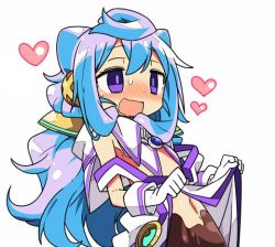Rule 34 | 10s, 1boy, blue hair, blush, chocolate, chocolate on body, gloves, hacka doll, hacka doll 3, heart, kanikama, long hair, lowres, male focus, open mouth, purple eyes, simple background, smile, solo, trap, white background, white gloves